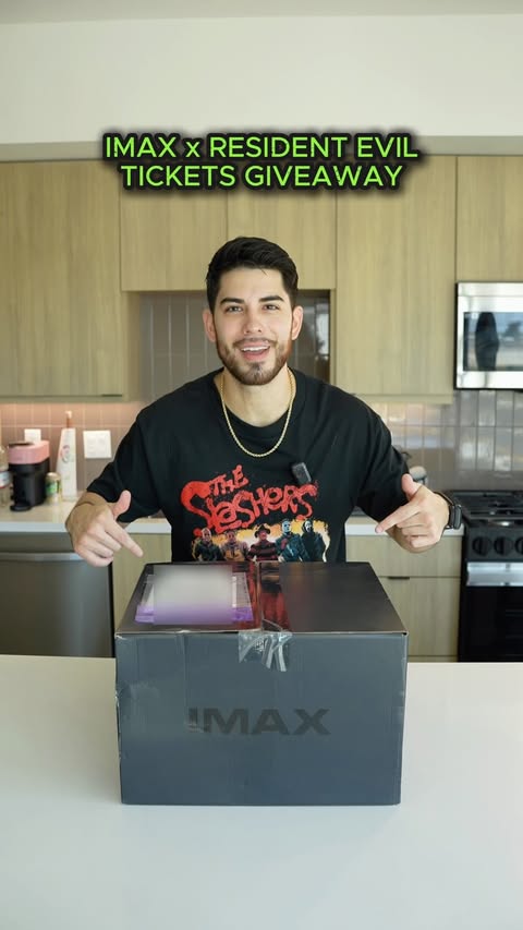 Instagram post by @alecjuliangarza for IMAX. Caption reads: GIVEAWAY 🚨‼️ @imax and @residentevil sent me this....