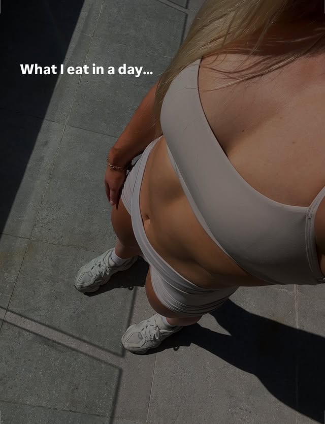 Instagram post by @mekenziewoodhouse for True Protein. Caption reads: A day on my plate 🍽️🍓🍞🥑☕️🍑🍨 @trueprotein....