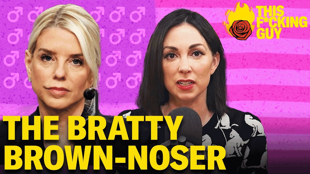 YouTube post by @hysteriapodcast for SimpliSafe. Caption reads: Pam Bondi: Everything You Didn't Know About Her....