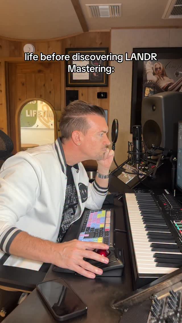 Instagram post by @damonsharpe for LANDR. Caption reads: Send this to a friend with too many plugins 😂.