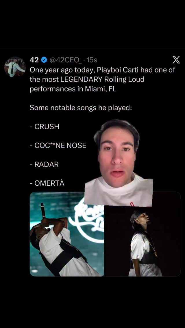 Instagram post by @42ceo for Rolling Loud. Caption reads: #greenscreen One year ago today, Playboi Carti had....