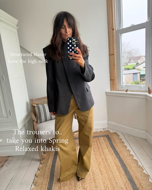 Instagram post by an influencer for ALIGNE. Caption reads: 5 styling ideas with khaki trousers 🤎🤎 Another....