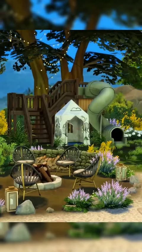 Instagram post by @simsbuild_inspiration for The Sims. Caption reads: [...] at my Cozy Woodland Retreat! 🛝🌸 @thesims....