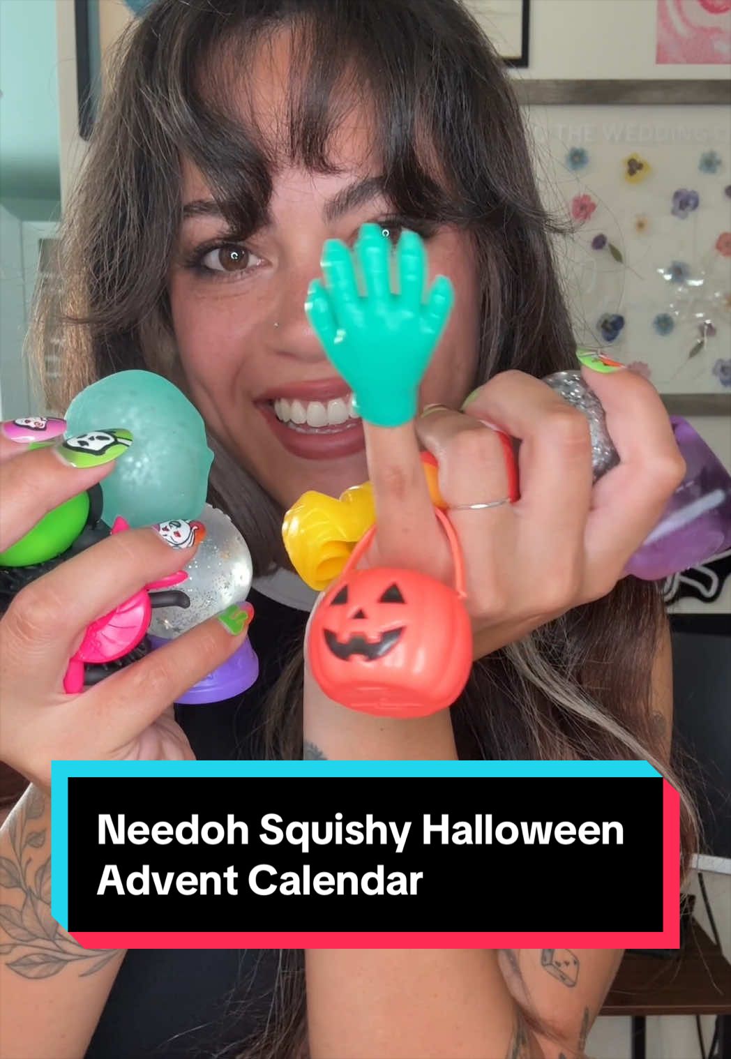 TikTok post by @spooky.celeste for NeeDoh (Schylling). Caption reads: 13 days of spooky squishies 🕷️🔮🎃🍬👀 The NeeDoh....