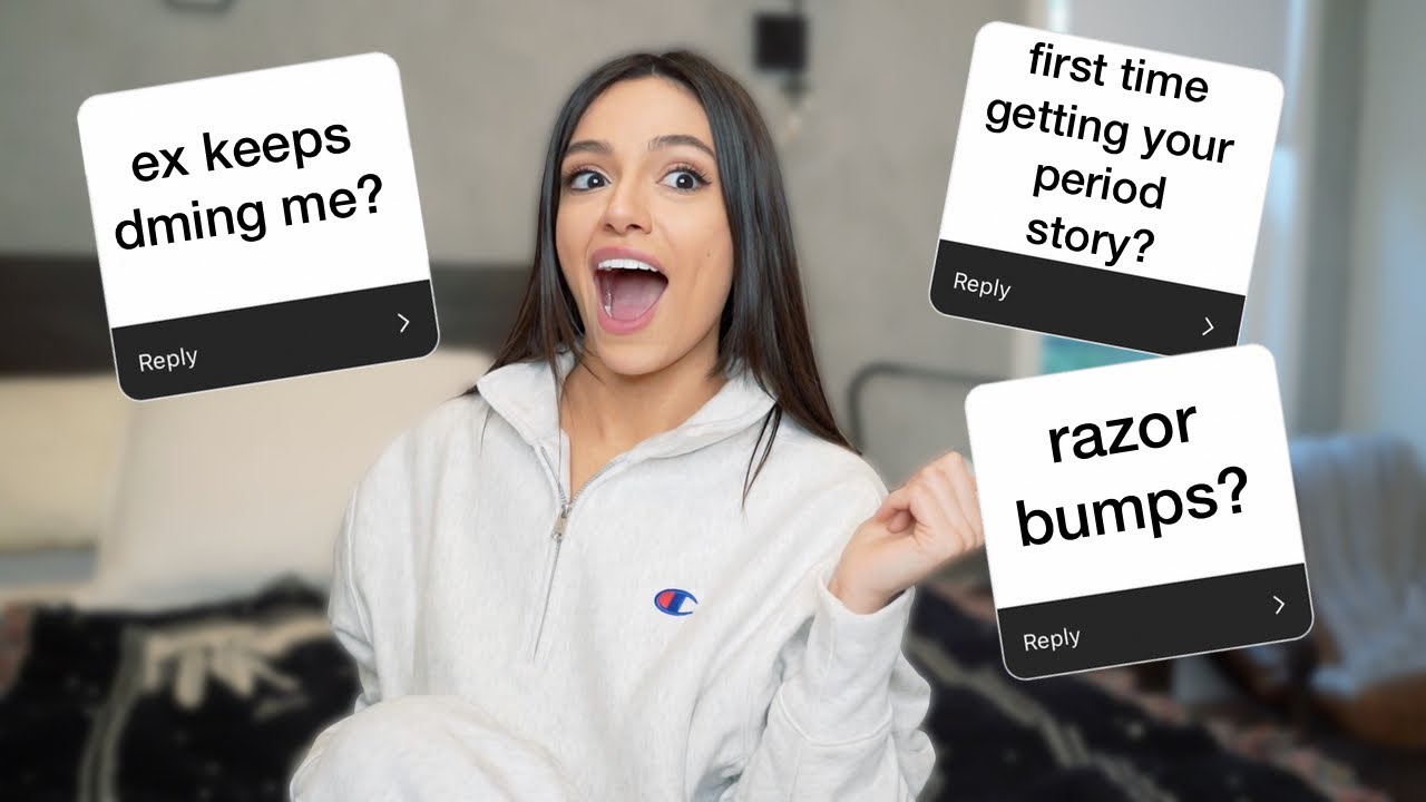 YouTube post by @bethanymota for Champion. Caption reads: Answering TMI Girl Talk Questions! - Exes,....