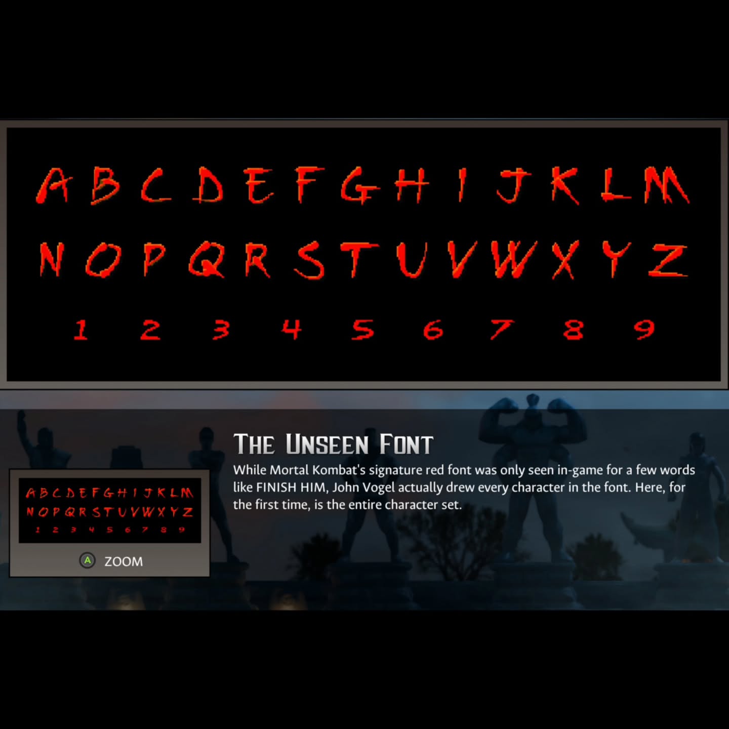 Instagram post by @mkarcadekollection for Mortal Kombat. Caption reads: [...] UNSEEN FONT 

"While @MortalKombat's....