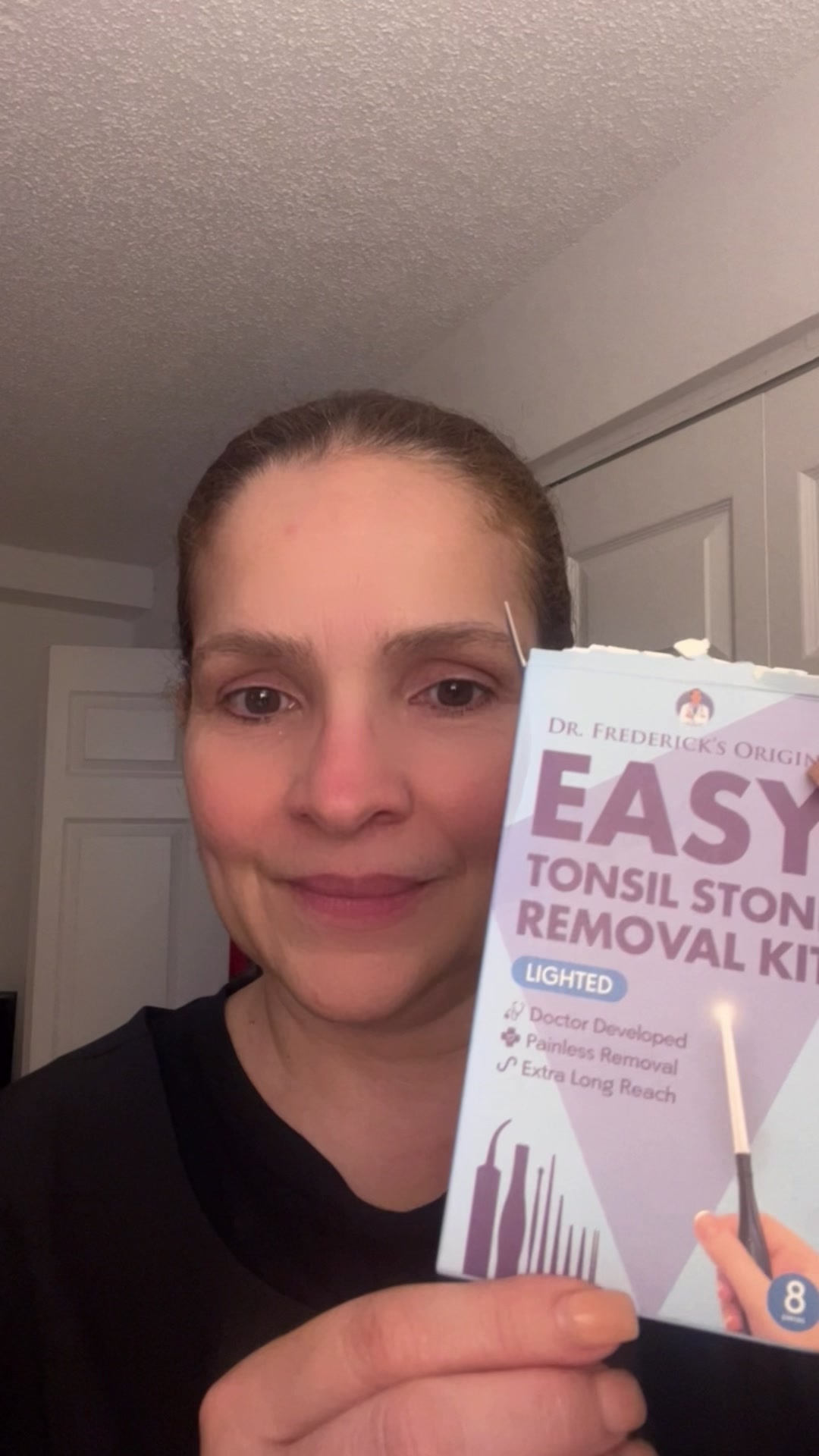 TikTok post by @joannie_ortiz for Dr. Frederick's Original. Caption reads: ✨ Tonsil Stone Removal Kit Review! I finally tried....