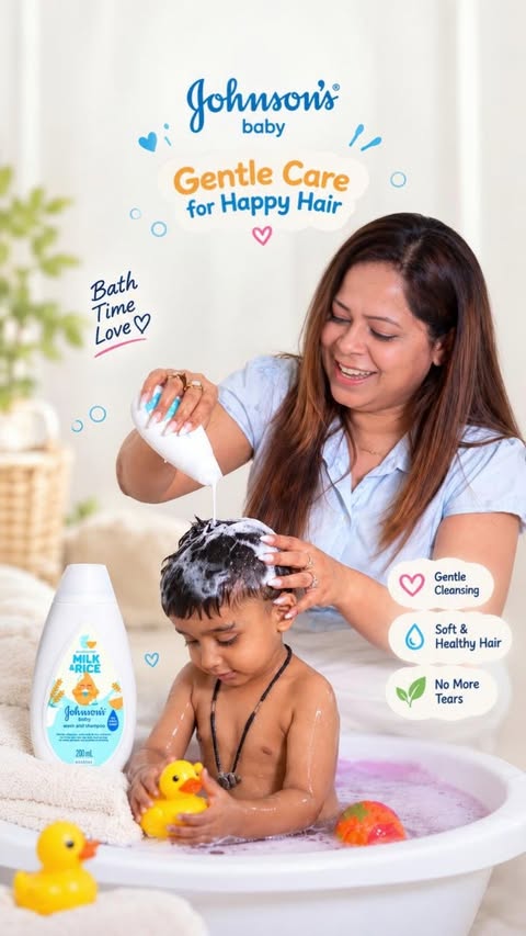 Instagram post by @lil_realm_of_cookielicious for Johnson’s Baby. Caption reads: [...] skin, hair, and scalp! 🤍🛁 The new....