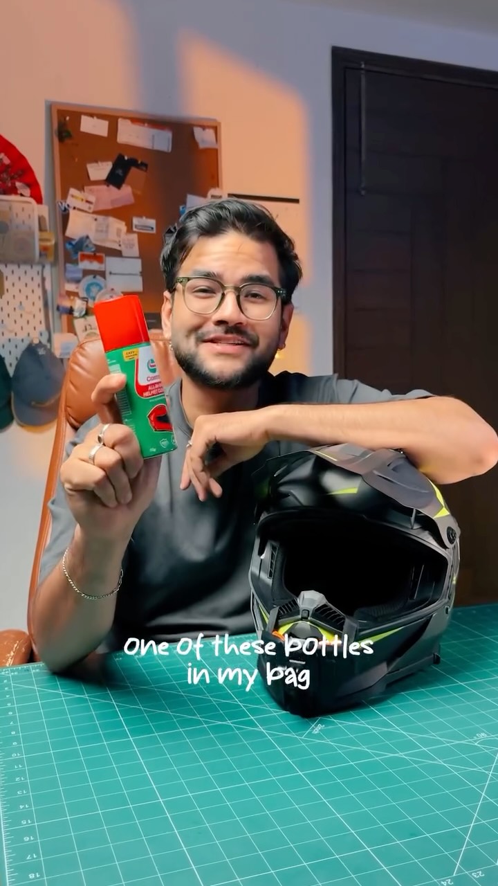 Instagram post by @shresthvg for Castrol. Caption reads: Dirty helmet after every ride?​ Ab aur nahi....