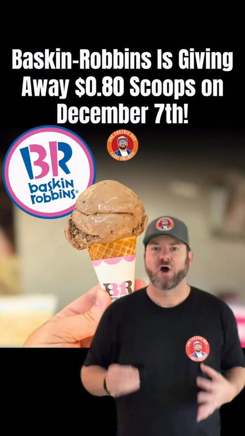 Instagram post by @thefreebieguy for Baskin-Robbins. Caption reads: BASKIN-ROBBINS 80TH BIRTHDAY = 80¢ SCOOPS! 🍨🎉 BR....