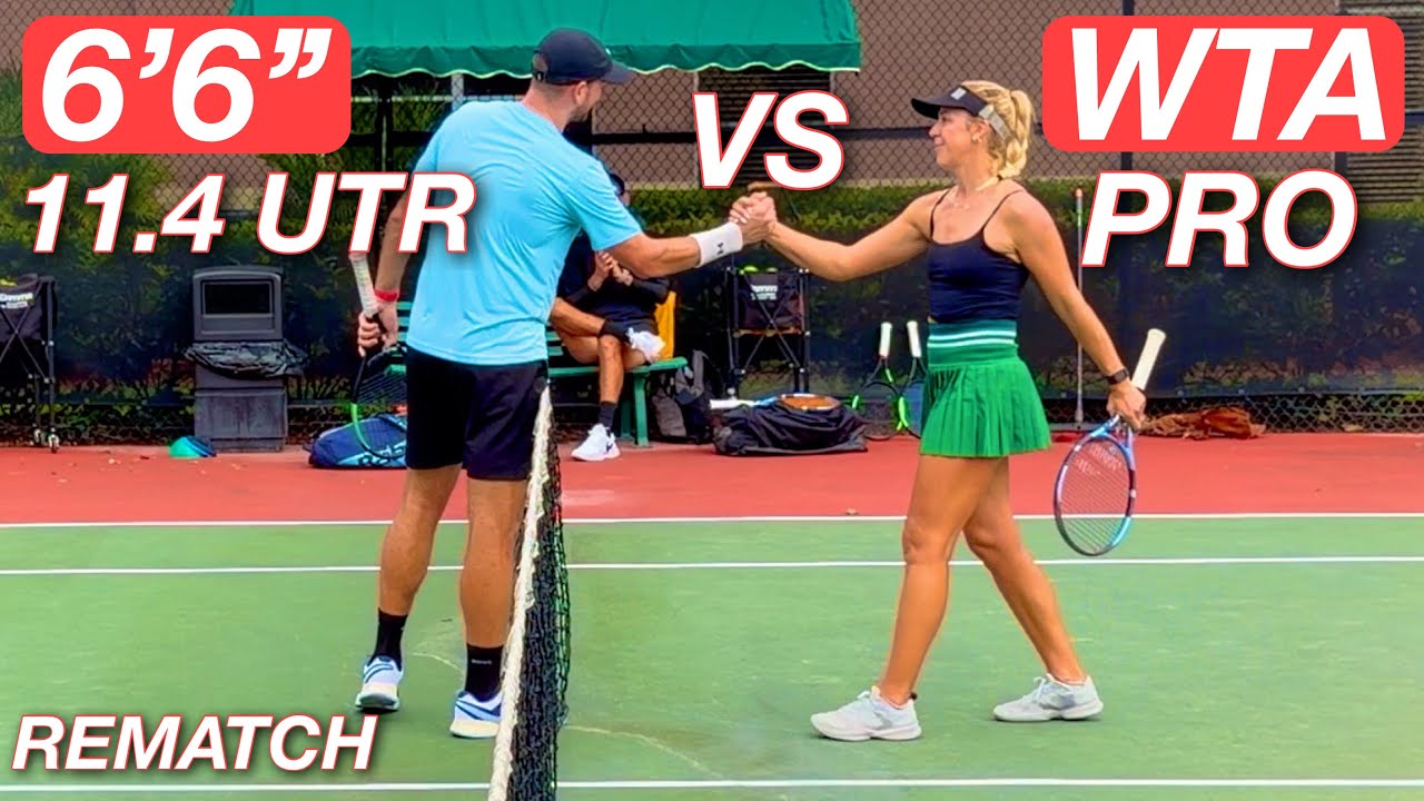 YouTube post by @IntuitiveTennis for Functional Tennis. Caption reads: WTA Pro (n 613) vs Six Foot Six 11.41 UTR Guy.