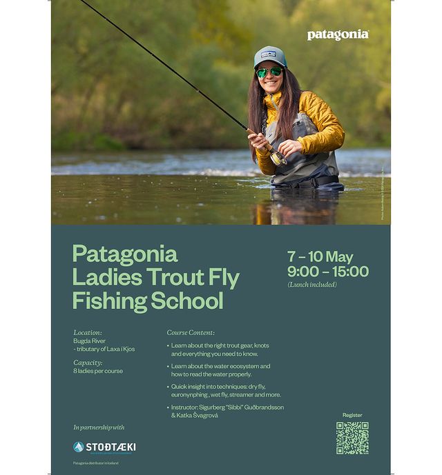 Instagram post by @katka_svagrova for Patagonia. Caption reads: Happy to announce 📣 Patagonia Trout Fly Fishing....