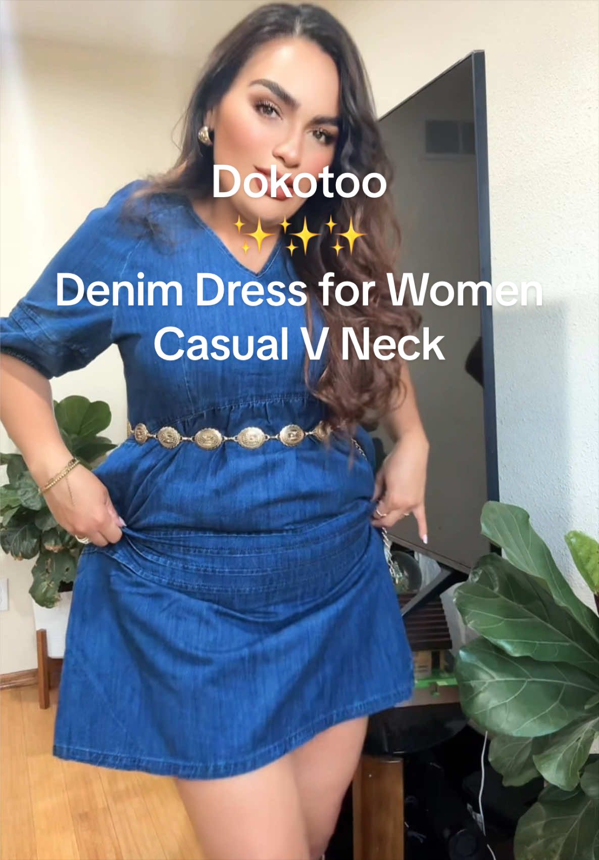TikTok post by an influencer for Dokotoo. Caption reads: Dokotoo Denim Dress for Women Casual V [...].