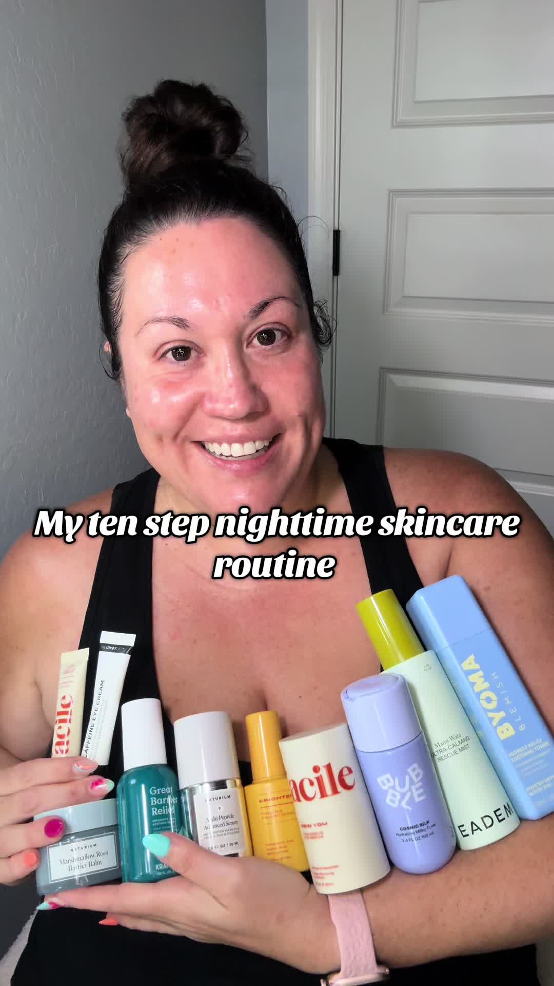 TikTok post by @realtalkwithrene for Facile Skin. Caption reads: My ten step nighttime skincare routine! 🌙 💤 🛌....