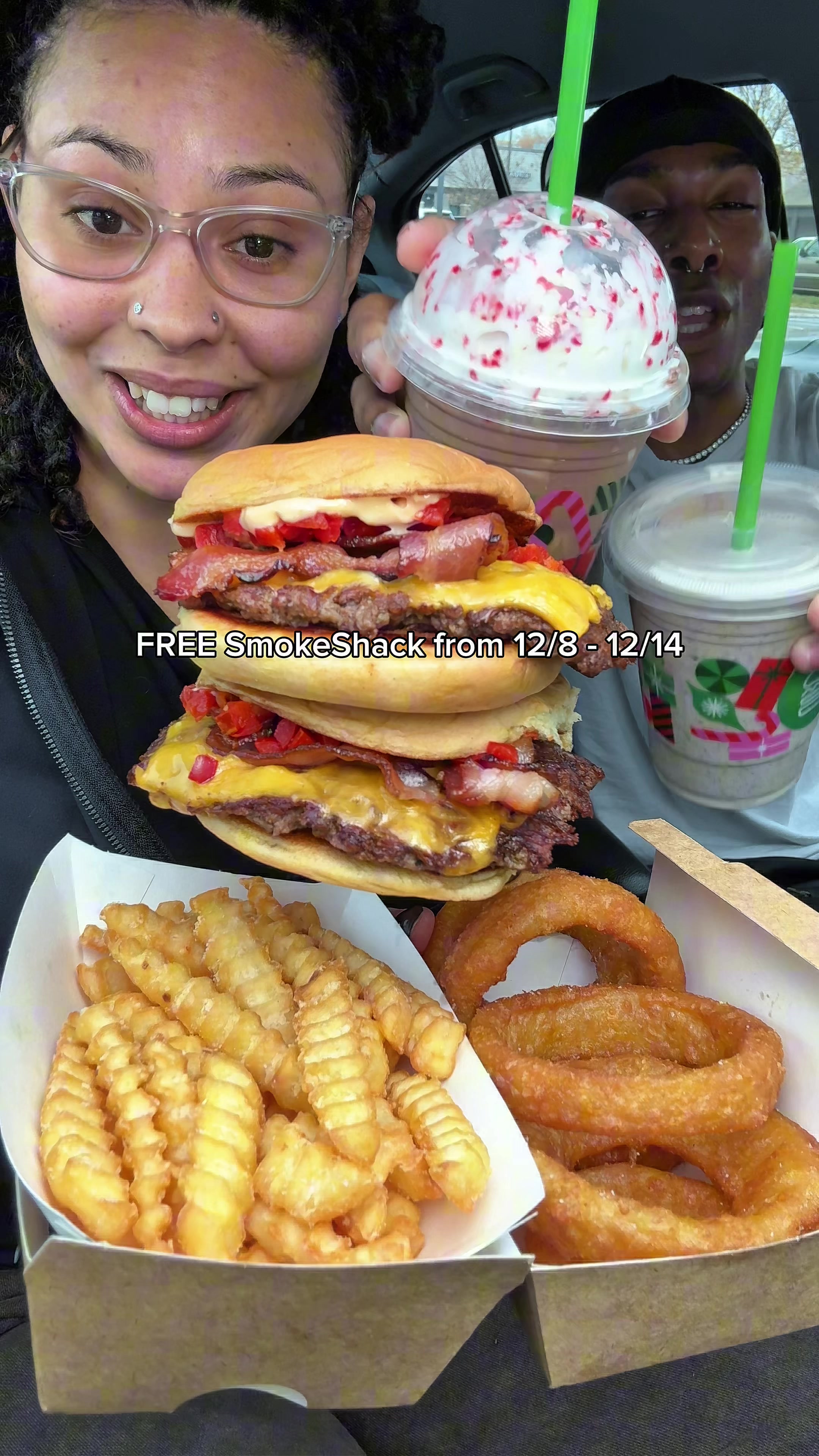 TikTok post by @jtkravingzz for Shake Shack. Caption reads: Check out @SHAKE SHACK weekly holiday deals with....