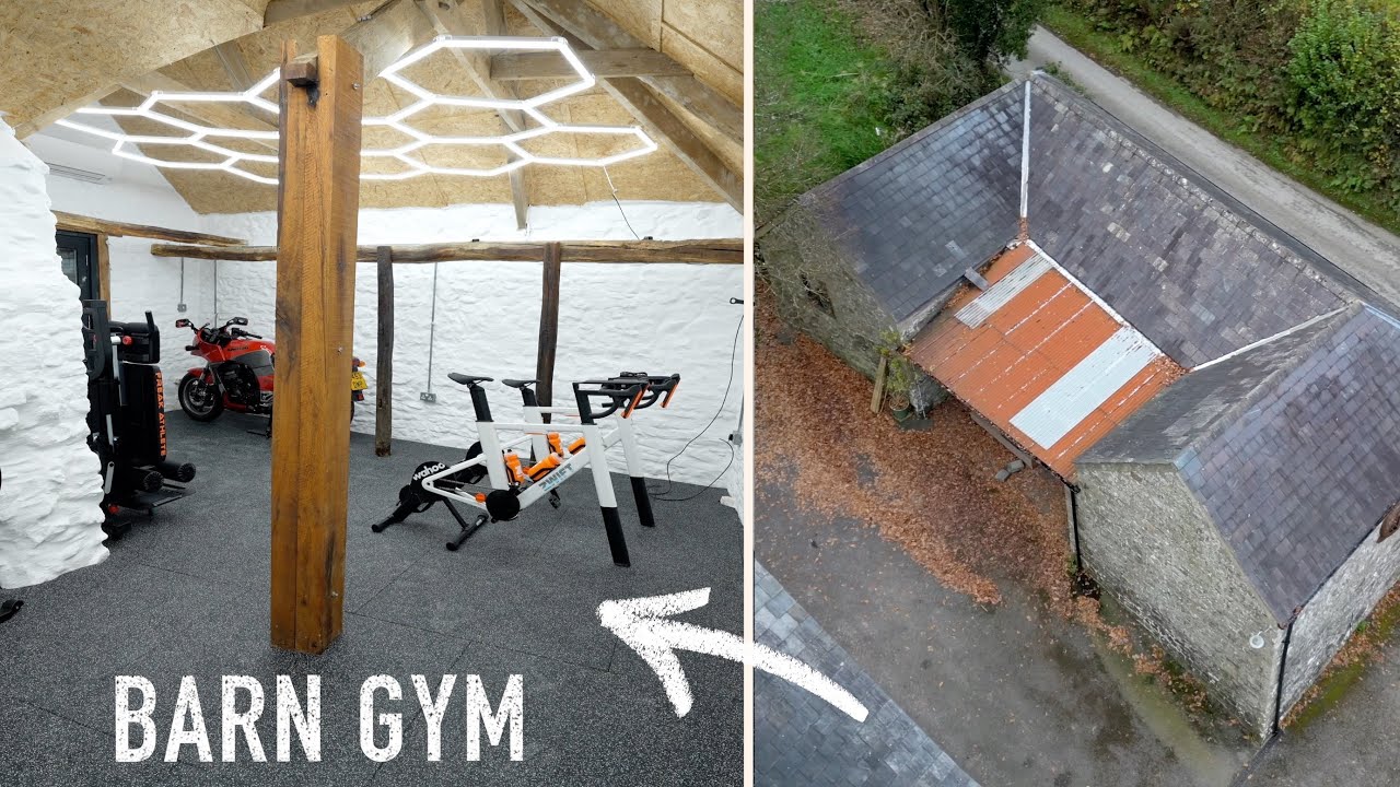 YouTube post by @MarkLewisfitness for Garage Style Ltd. Caption reads: I Built My Own Gym in A 300 Year Old Barn.