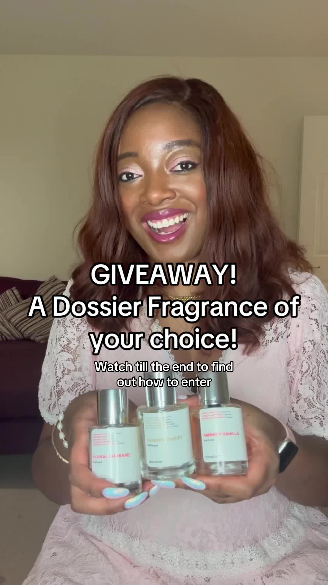 TikTok post by @my_goldmine for Dossier. Caption reads: [...] GIVEAWAY! A PERFUME OF YOUR CHOICE from....