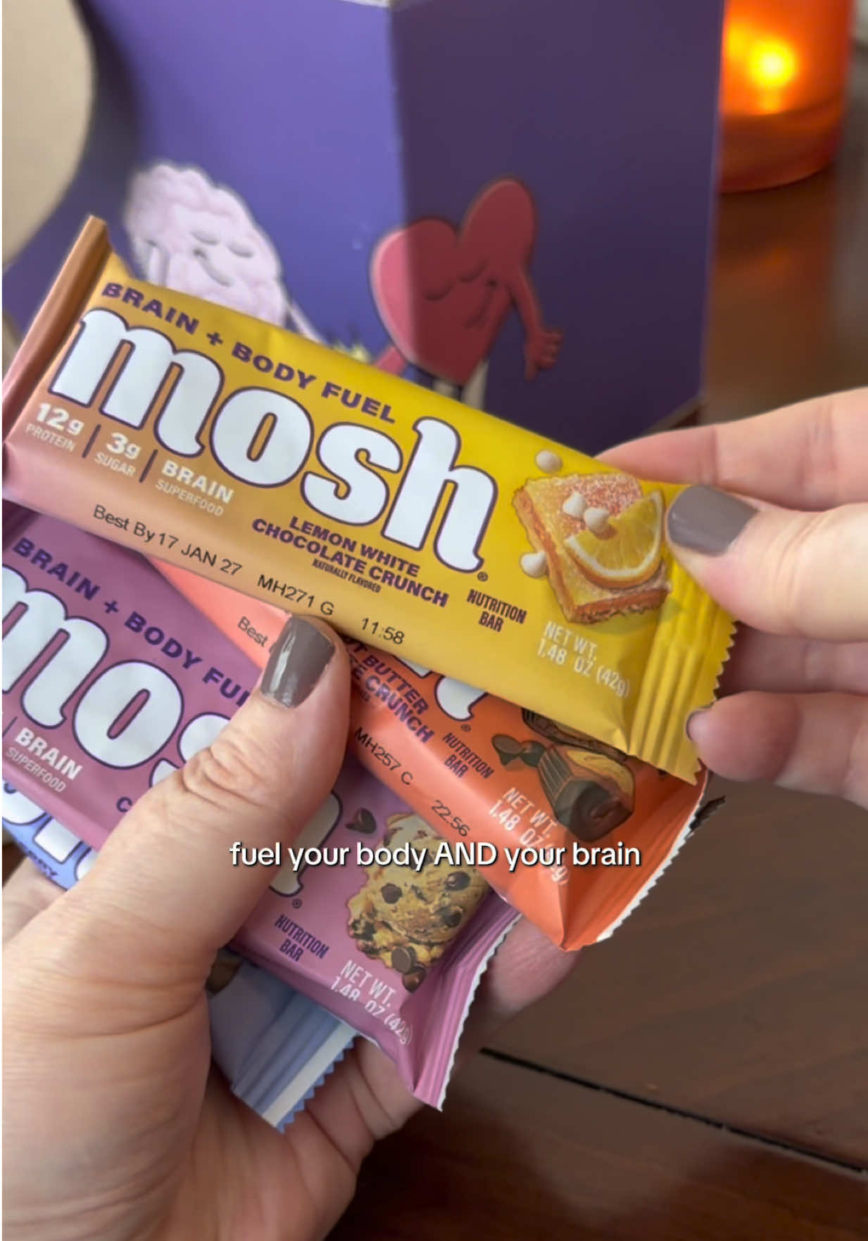 TikTok post by @suzette_lost_it for MOSH. Caption reads: [...] benefits all in one bar. Follow @Mosh to....