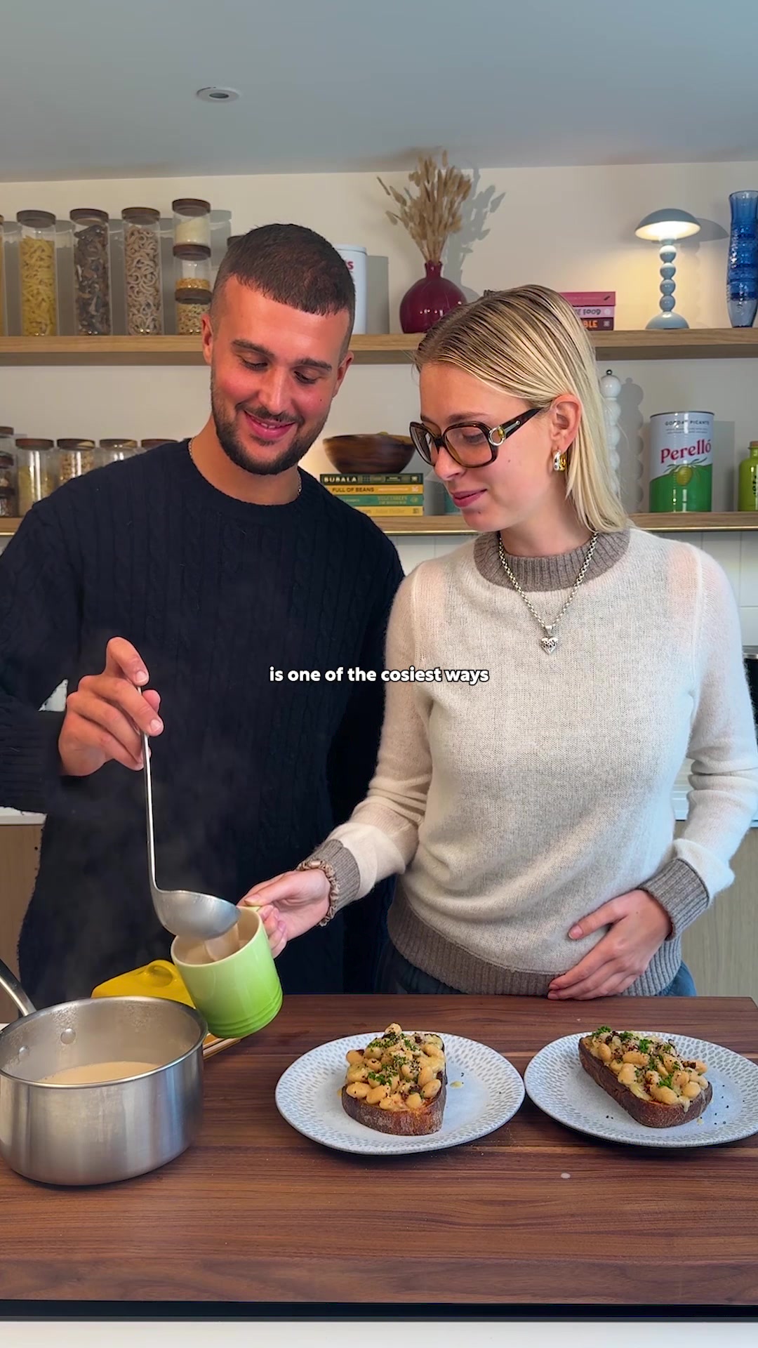 TikTok post by @alfiecooks_ for Oatly. Caption reads: MISO BREAKFAST BEANS + APPLE PIE CHAI 🍎☕️🍁....