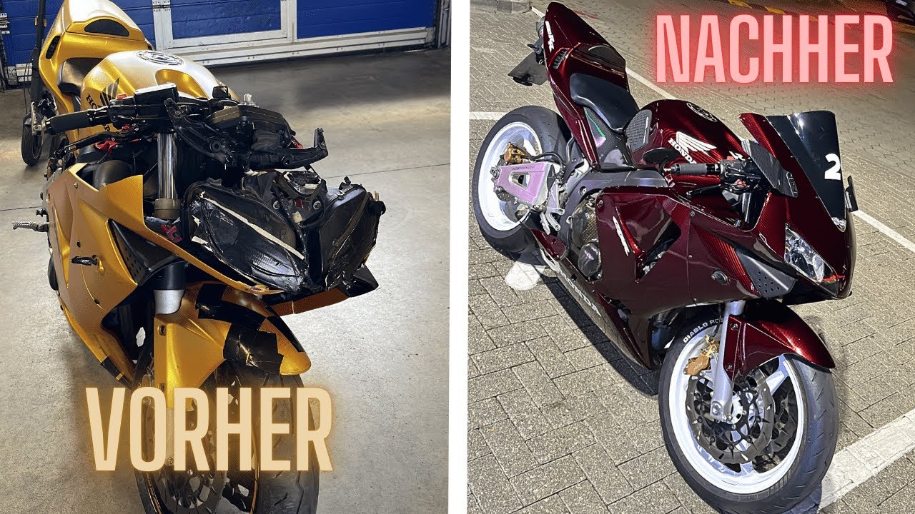 YouTube post by @ogiberlin for Amotopart. Caption reads: CBR600RR Crash + Rebuild | Incredible....