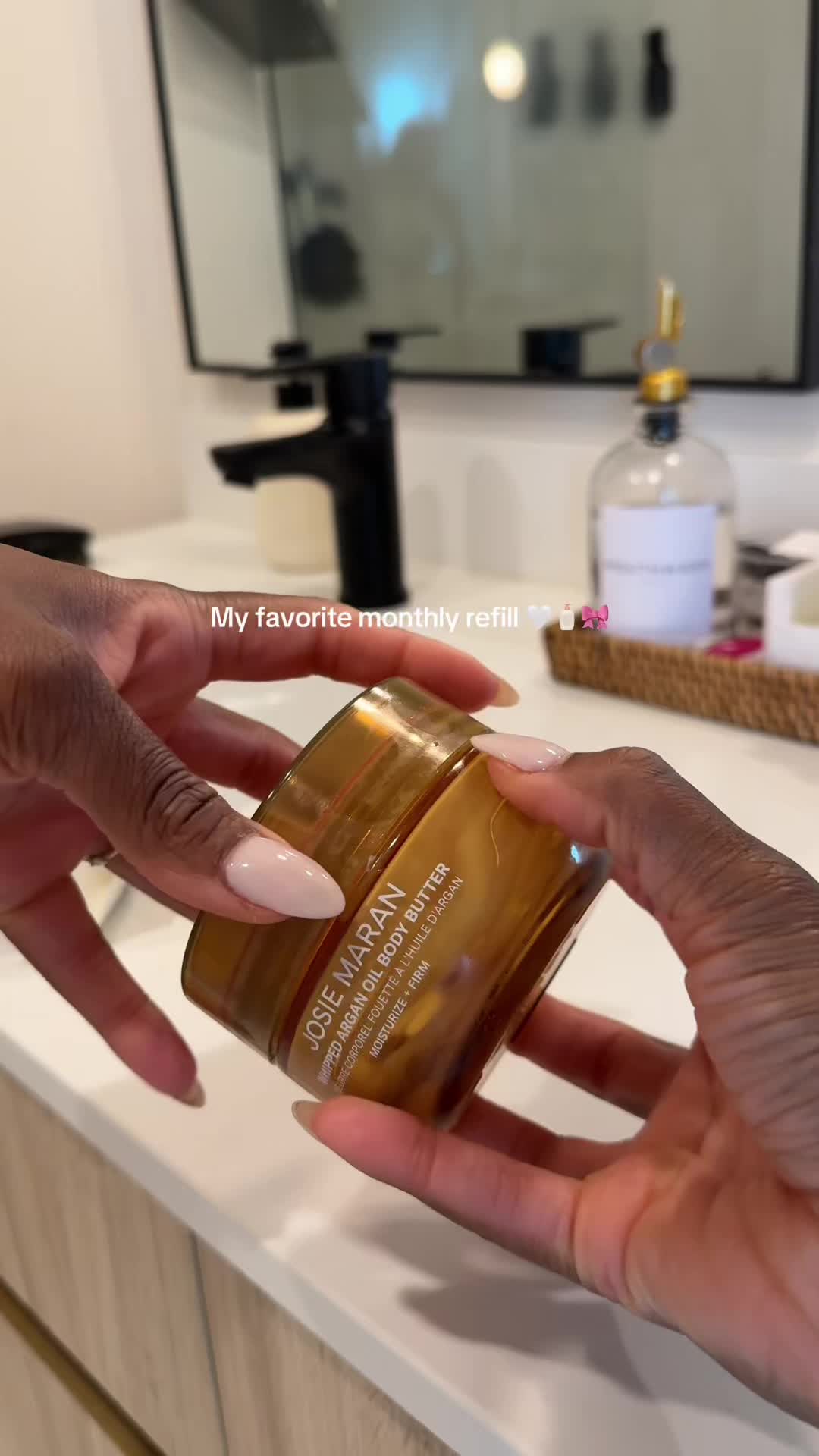 TikTok post by @thedolcemimi for Josie Maran. Caption reads: Soft skin core 🧖🏾‍♀️  me and @Josie Maran go....
