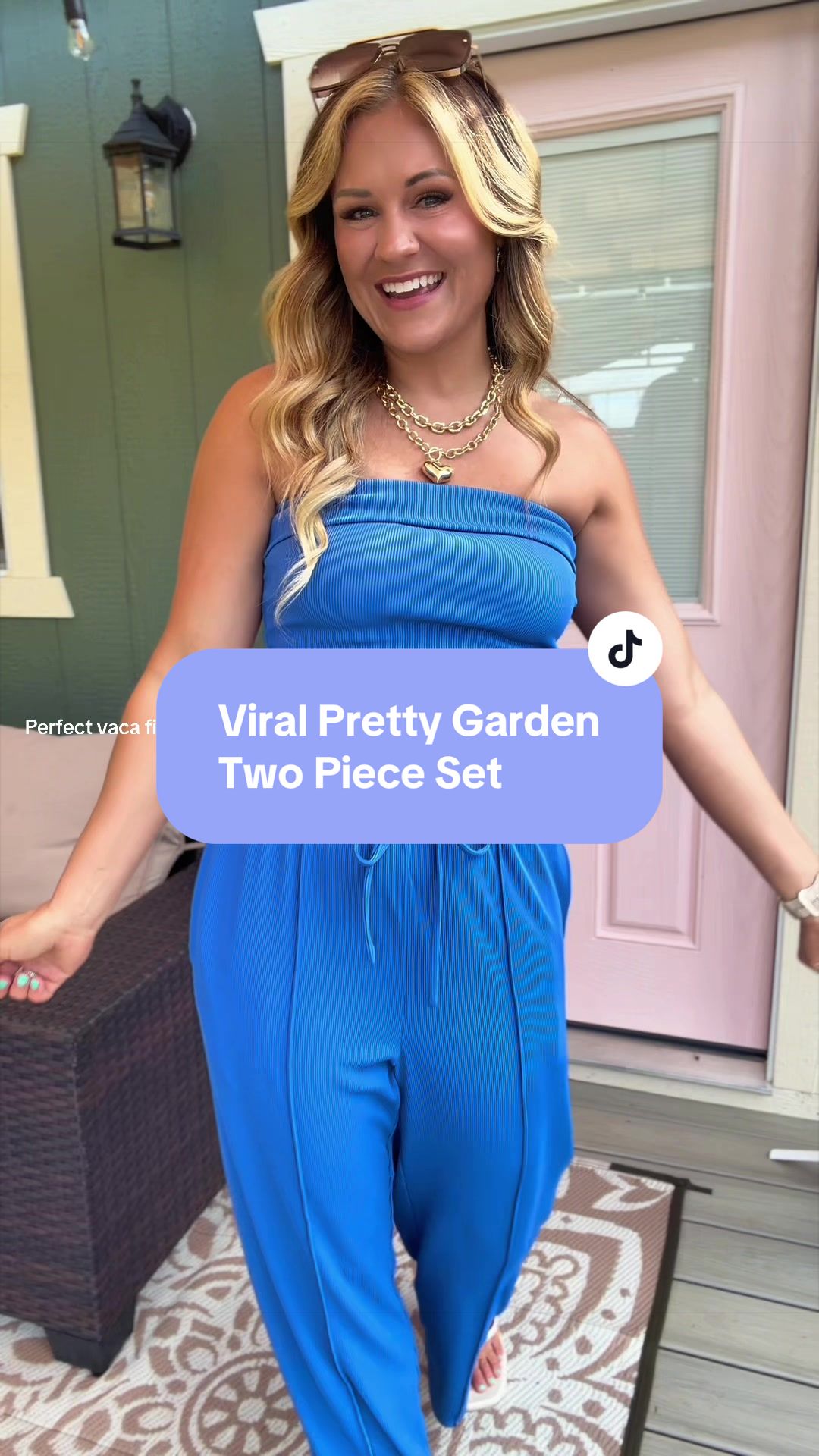 TikTok post by @jackiebentley for PrettyGarden. Caption reads: [...] two piece set! Perfect for vaca!....