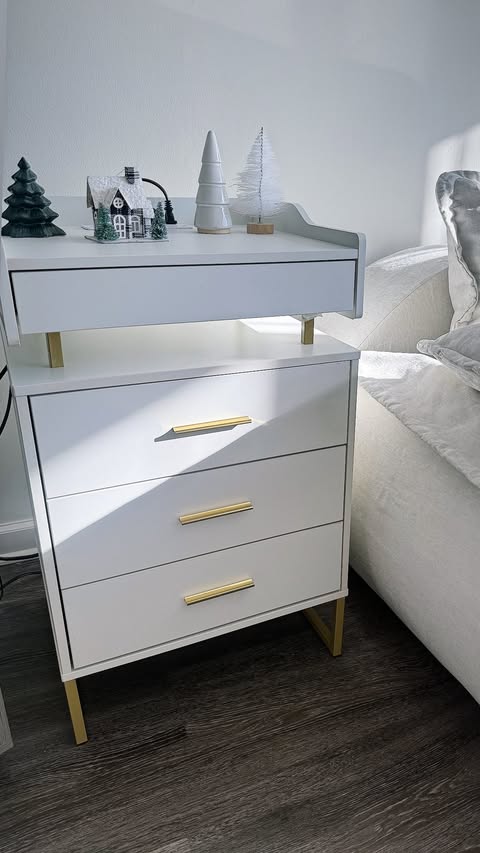 Instagram post by @khrystynapolek for Sikaic. Caption reads: [...] Led Nightstand With 3 Storage Drawers🤍....