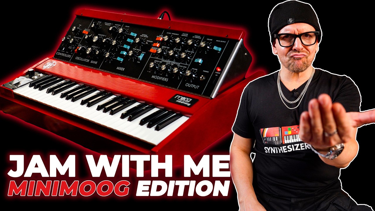 YouTube post by @Doctormix for Reverb. Caption reads: The ULTIMATE MINIMOOG JAM — Join In! 🎶.