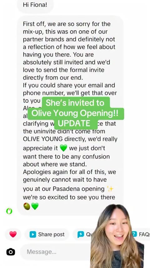 Instagram post by @fionadan.la for Olive Young. Caption reads: [...] an update that I owe everyone 🙏🏻❤️....