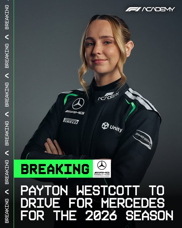 Instagram post by @prema_team for Mercedes-AMG PETRONAS F1 Team. Caption reads: 🚨 BREAKING: Payton Westcott joins Mercedes for....