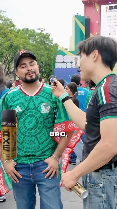 Instagram post by @coreano.fuerte for AXE en Español. Caption reads: ayudando a mis hermanos mexicanos a conseguir....