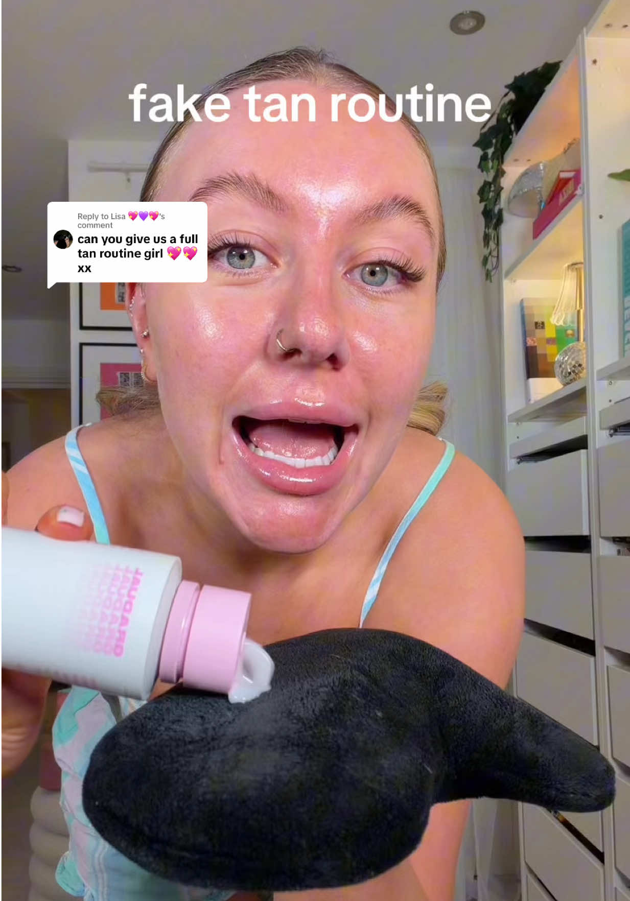 TikTok post by @josiepeaches for bBold Tan. Caption reads: Replying to @Lisa 💖💜💖 current fake tan routine....