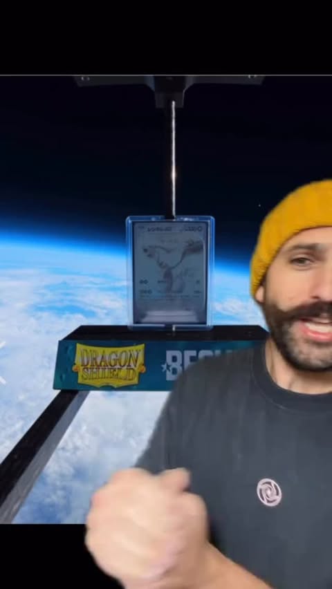 Instagram post by @theteabeard for Dragon Shield. Caption reads: @dragonshield_ sent a Pokemon card to space and it....