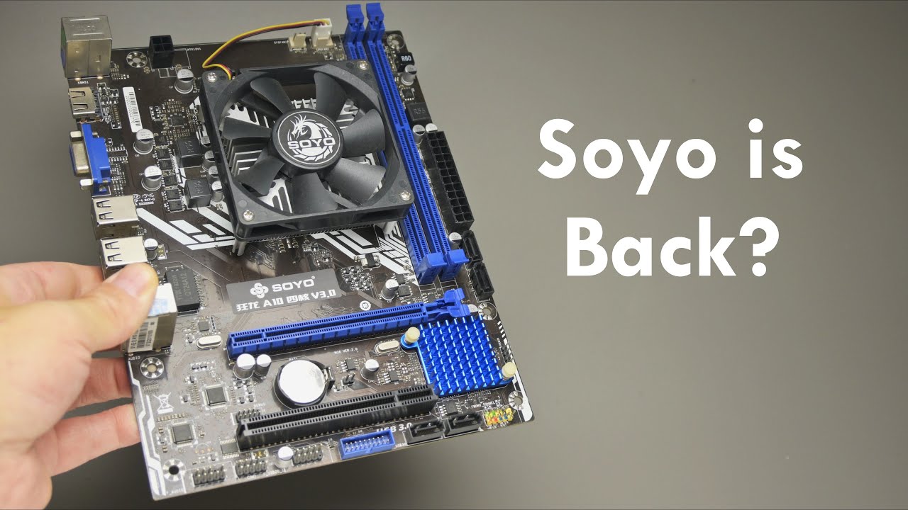 YouTube post by @philscomputerlab for AliExpress. Caption reads: SOYO A10 Motherboard: DOS, 98 and XP.