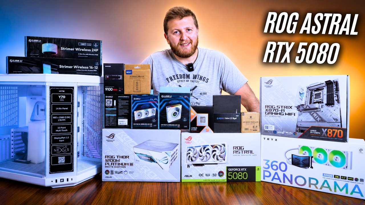YouTube post by @Techolay for NZXT. Caption reads: [...] Lian Li Strimer Wireless cables, and an NZXT....