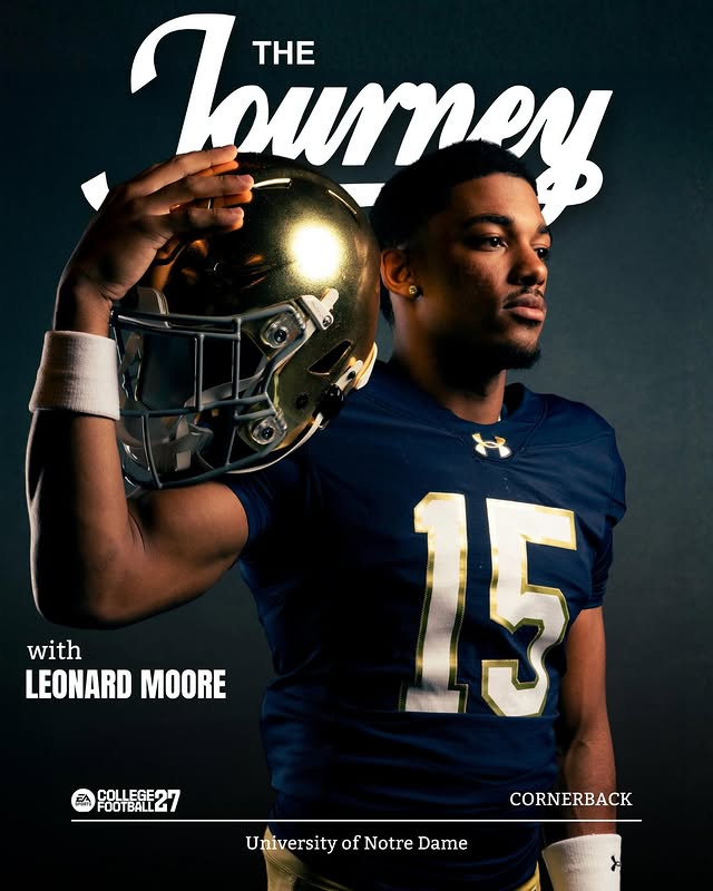 Instagram post by @thejourneymedia for EA SPORTS College Football. Caption reads: Leonard Moore, CB1 — 2027 EA Sports CFB Cover....