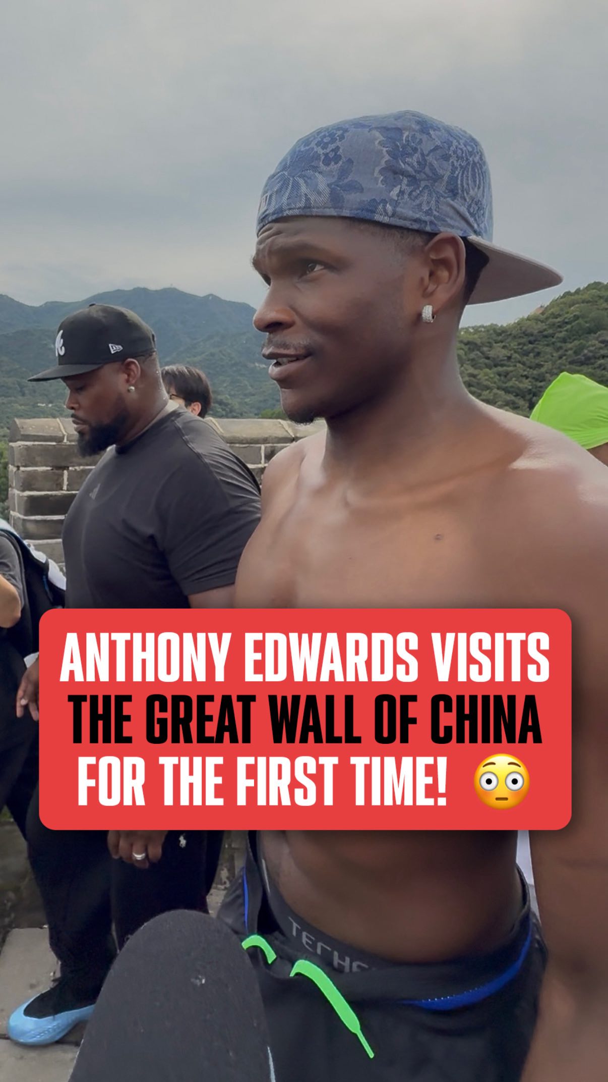 Instagram post by @edwardswave for Nice Kicks. Caption reads: Anthony Edwards’ first time at The Great Wall of....