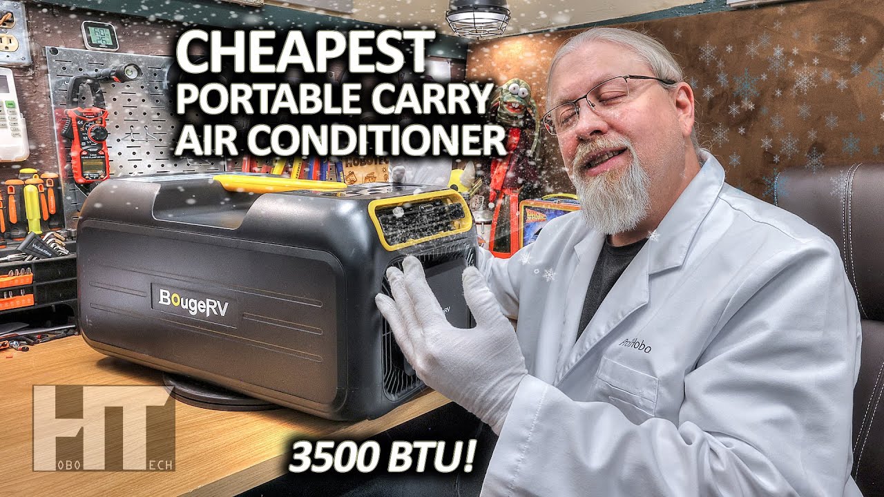 YouTube post by @HOBOTECH for BougeRV. Caption reads: BougeRV BUDGET 3500 BTU Ultra Portable Air....