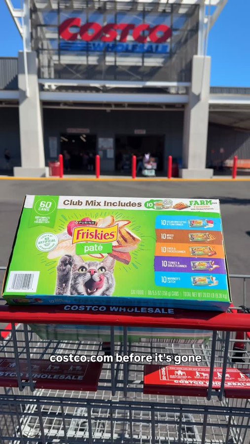 Instagram post by @costconew for Purina One. Caption reads: 🐾 Just found the @friskies 60-count Paté Variety....