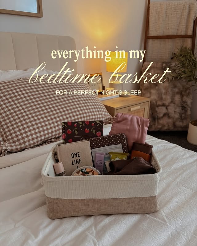 Instagram post by @livingwithtish for NEOM. Caption reads: comment SLEEPY for all my bedside basket....