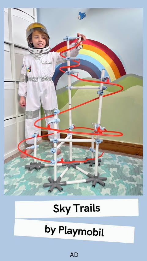Instagram post by @our.daycation.life for PLAYMOBIL. Caption reads: [...] Sky Trails Starter Kit by @playmobil ! He is....