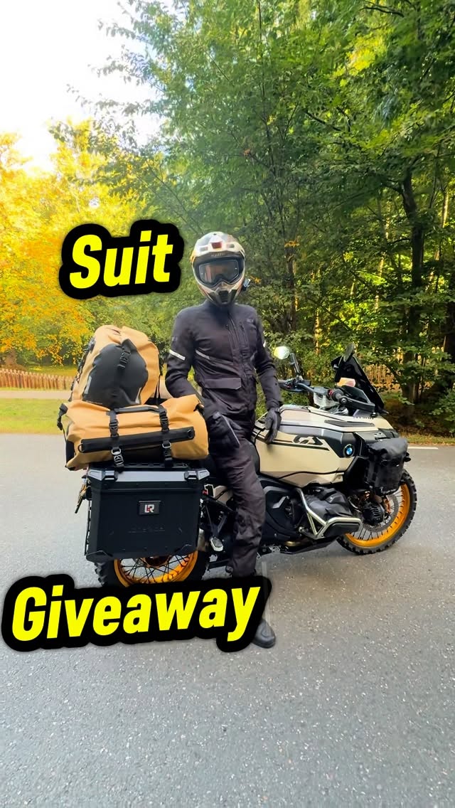 Instagram post by @remy_gsa_rally for XLMOTO. Caption reads: SUIT GIVE AWAY. I am going to give my Raven....