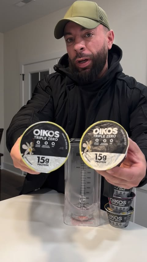 Instagram post by @ryanrubiotrains for Oikos. Caption reads: #OIKOSPartner Need a high-protein shake that [...].