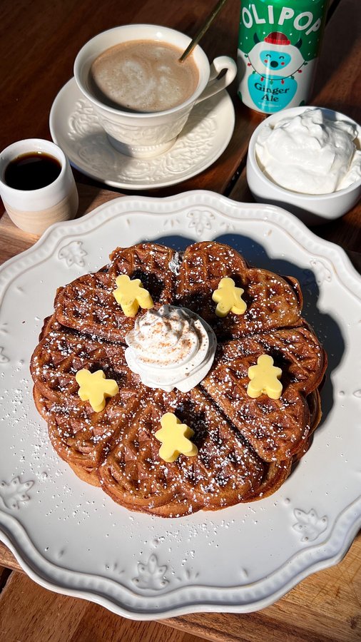 Instagram post by @wellmadebykiley for OLIPOP. Caption reads: GINGERBREAD WAFFLES 

The cutest things to come....