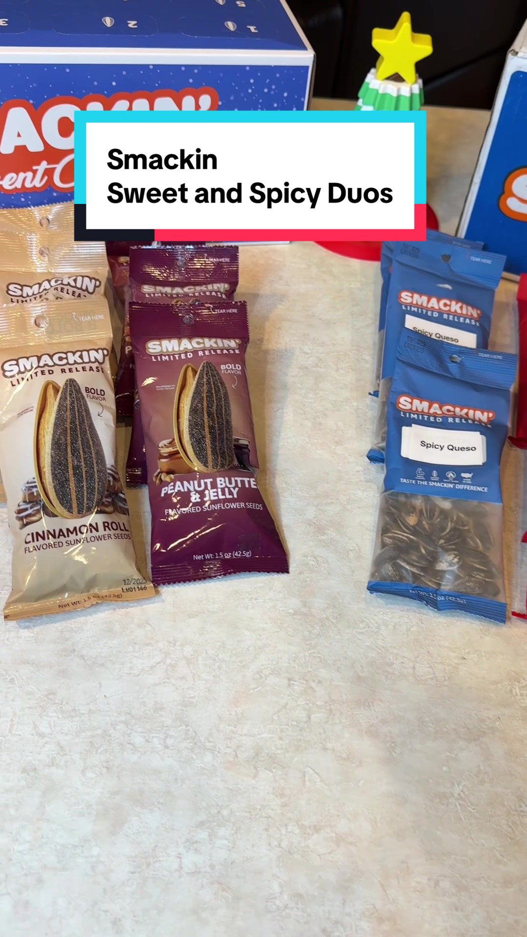 TikTok post by @foodiefinds.hub for Smackin' Sunflower Seeds. Caption reads: Smackin Limited Sweet and Spicy Duos.  Herr for BF....