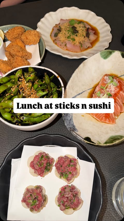 Instagram post by @sevy.ela for Sticks'n'Sushi. Caption reads: The most unreal lunch @sticksnsushi.uk with the....
