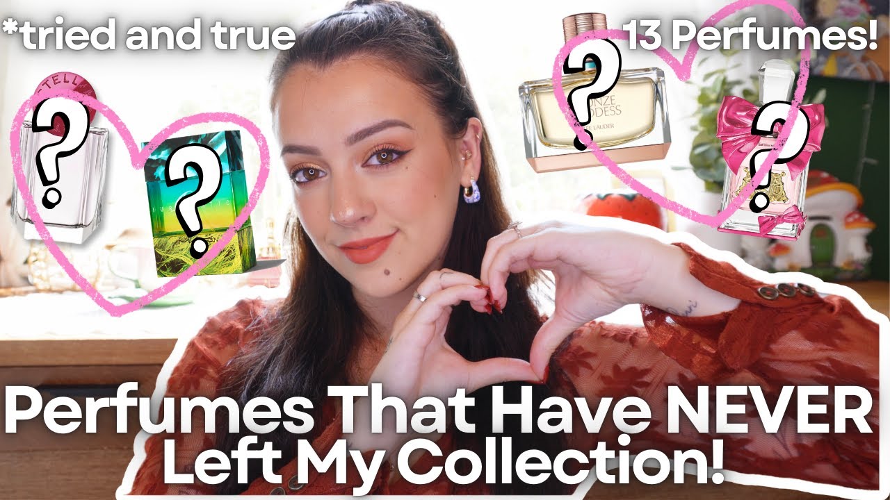 YouTube post by @ksenja6023 for Mercari. Caption reads: Perfumes I Have NEVER And Will NEVER Declutter!....