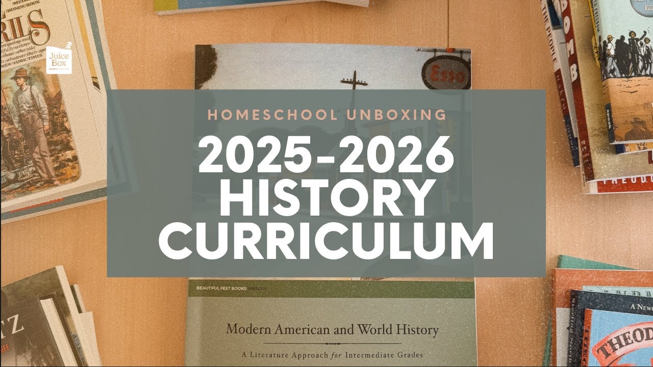 YouTube post by @juiceboxhomeschool for Passionate Penny Pincher. Caption reads: 2025-2026 HISTORY CURRICULUM UNBOXING | BEAUTIFUL....