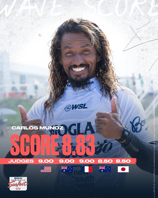 Instagram post by @munozcali for World Surf League. Caption reads: Talk about showing up and blowing up 💥 @munozcali....