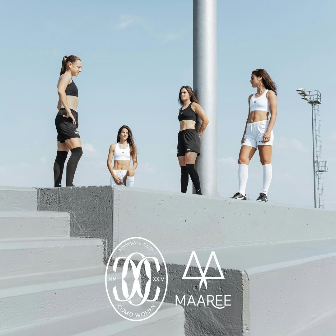 Instagram post by @comowomen for MAAREE. Caption reads: [...] our new partnership with F.C. Como! At....